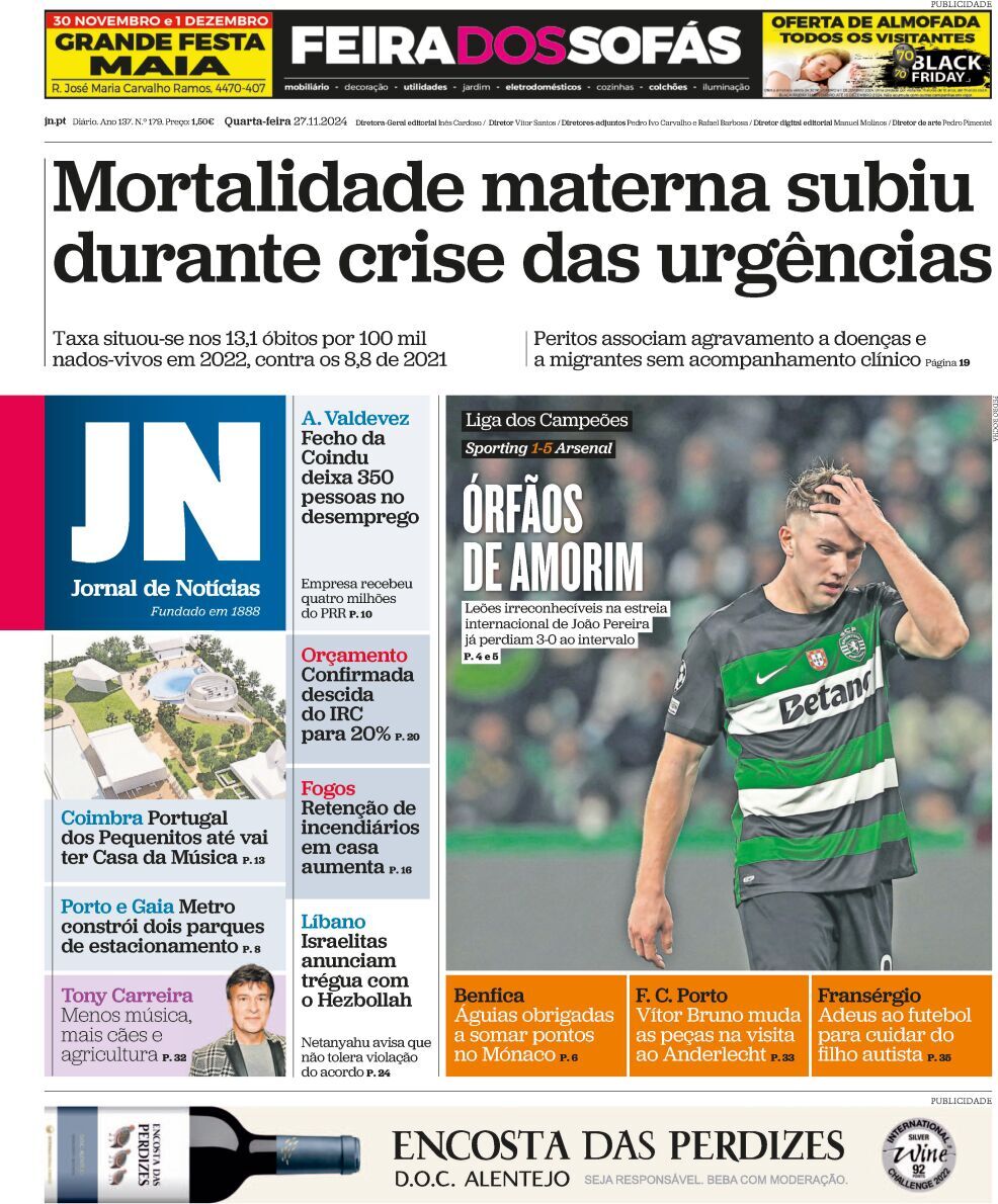 Jornal de Not&iacute;cias: Capa da Edi&ccedil;&atilde;o de quarta-feira, 27 de novembro 2024