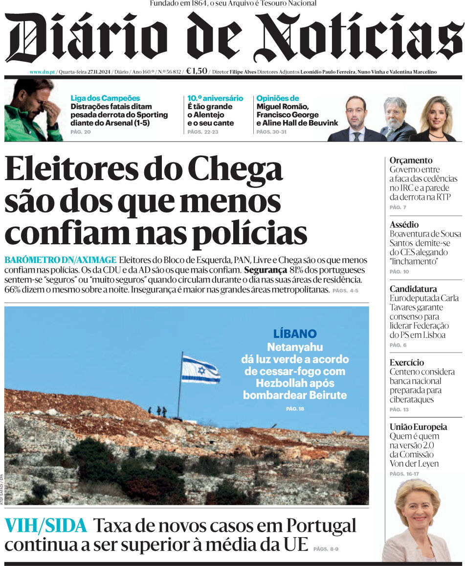 Di&aacute;rio de Not&iacute;cias: Capa da Edi&ccedil;&atilde;o de quarta-feira, 27 de novembro 2024