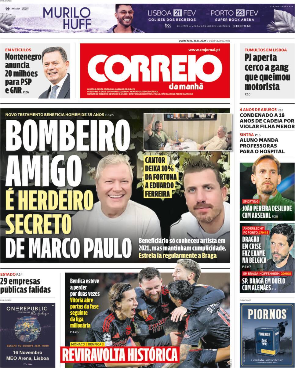 Correio da Manh&atilde;: Capa da Edi&ccedil;&atilde;o de quinta-feira, 28 de novembro 2024