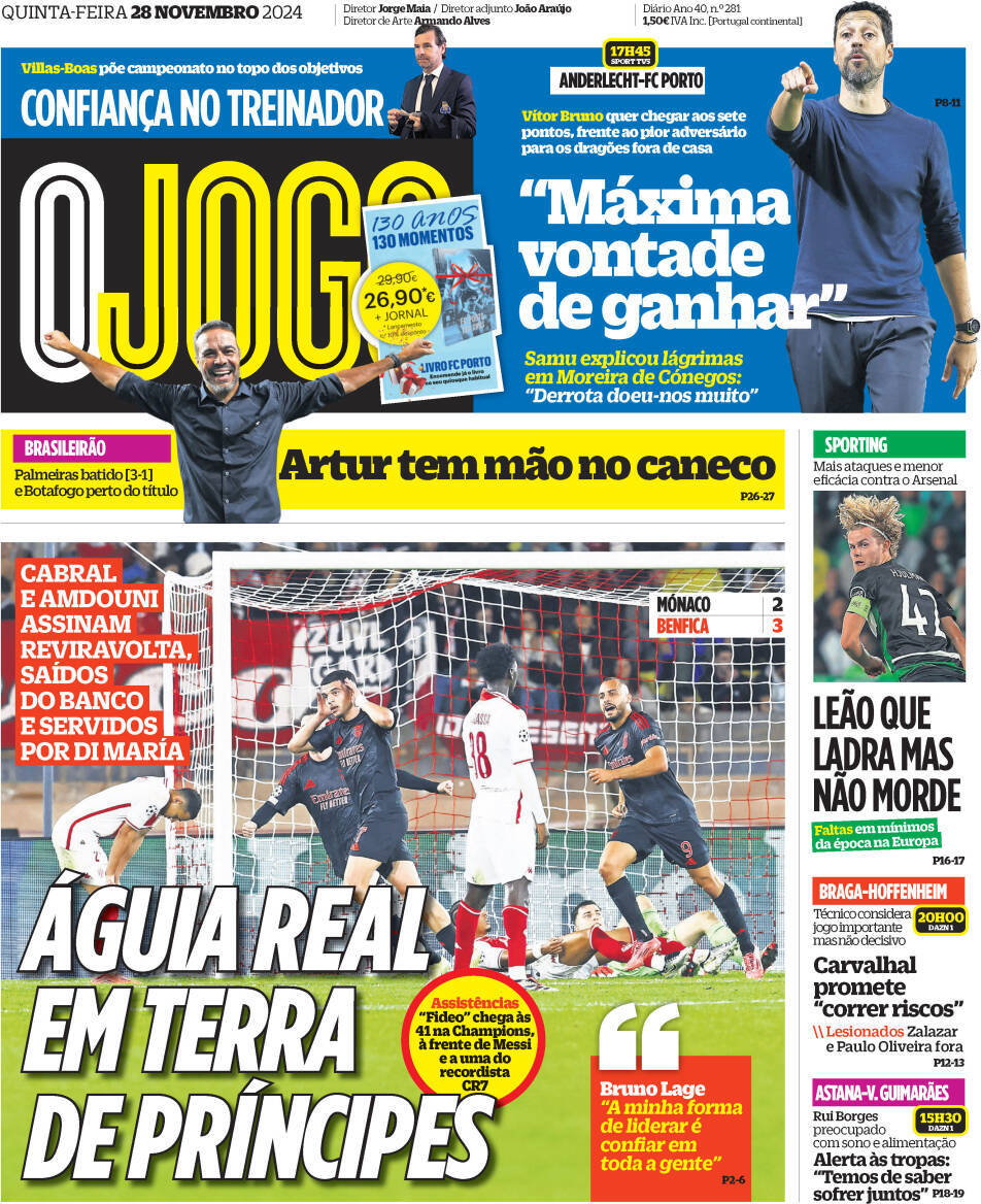 O Jogo: Capa da Edi&ccedil;&atilde;o de quinta-feira, 28 de novembro 2024