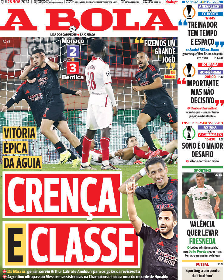 A Bola: Capa da Edi&ccedil;&atilde;o de quinta-feira, 28 de novembro 2024