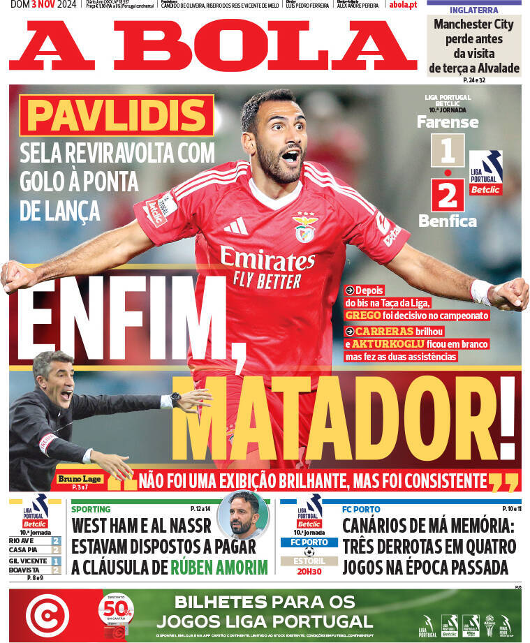 A Bola: Capa da Edi&ccedil;&atilde;o de domingo, 03 de novembro 2024