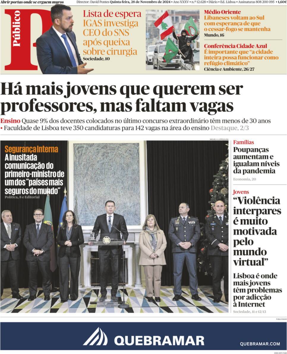 P&uacute;blico: Capa da Edi&ccedil;&atilde;o de quinta-feira, 28 de novembro 2024