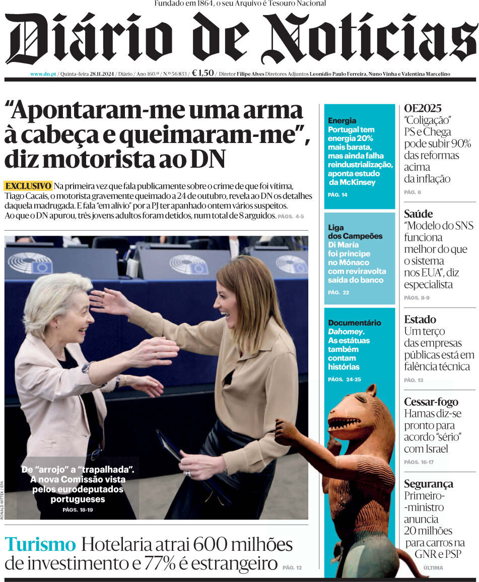 Di&aacute;rio de Not&iacute;cias: Capa da Edi&ccedil;&atilde;o de quinta-feira, 28 de novembro 2024