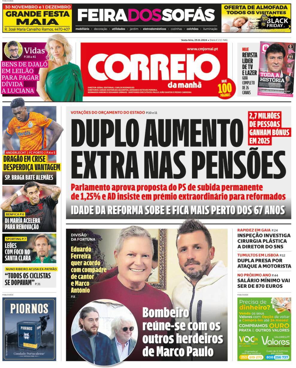 Correio da Manh&atilde;: Capa da Edi&ccedil;&atilde;o de sexta-feira, 29 de novembro 2024