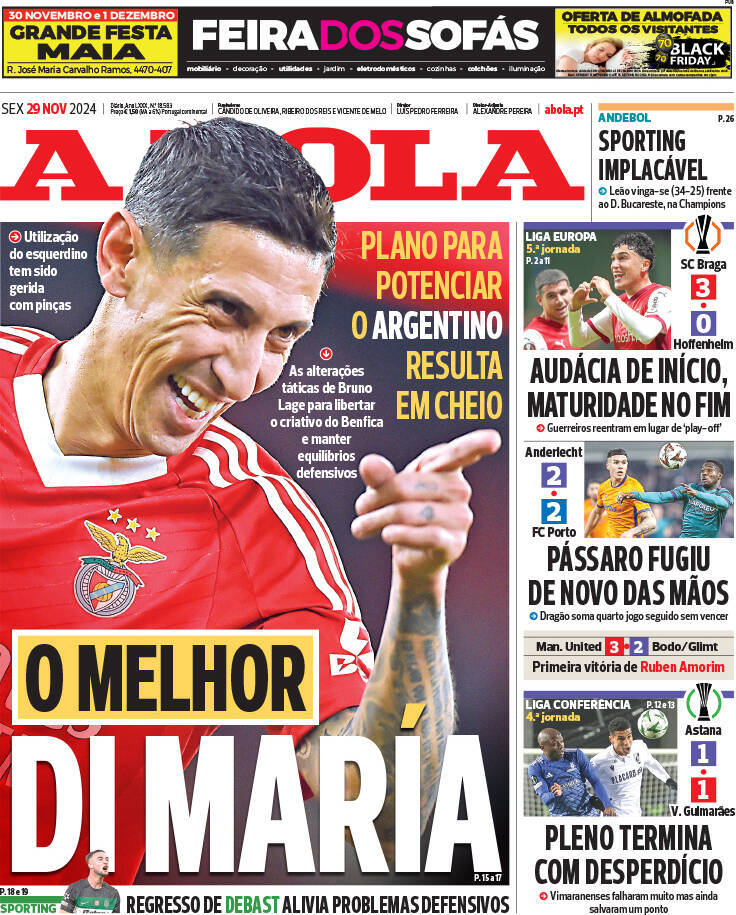 A Bola: Capa da Edi&ccedil;&atilde;o de sexta-feira, 29 de novembro 2024