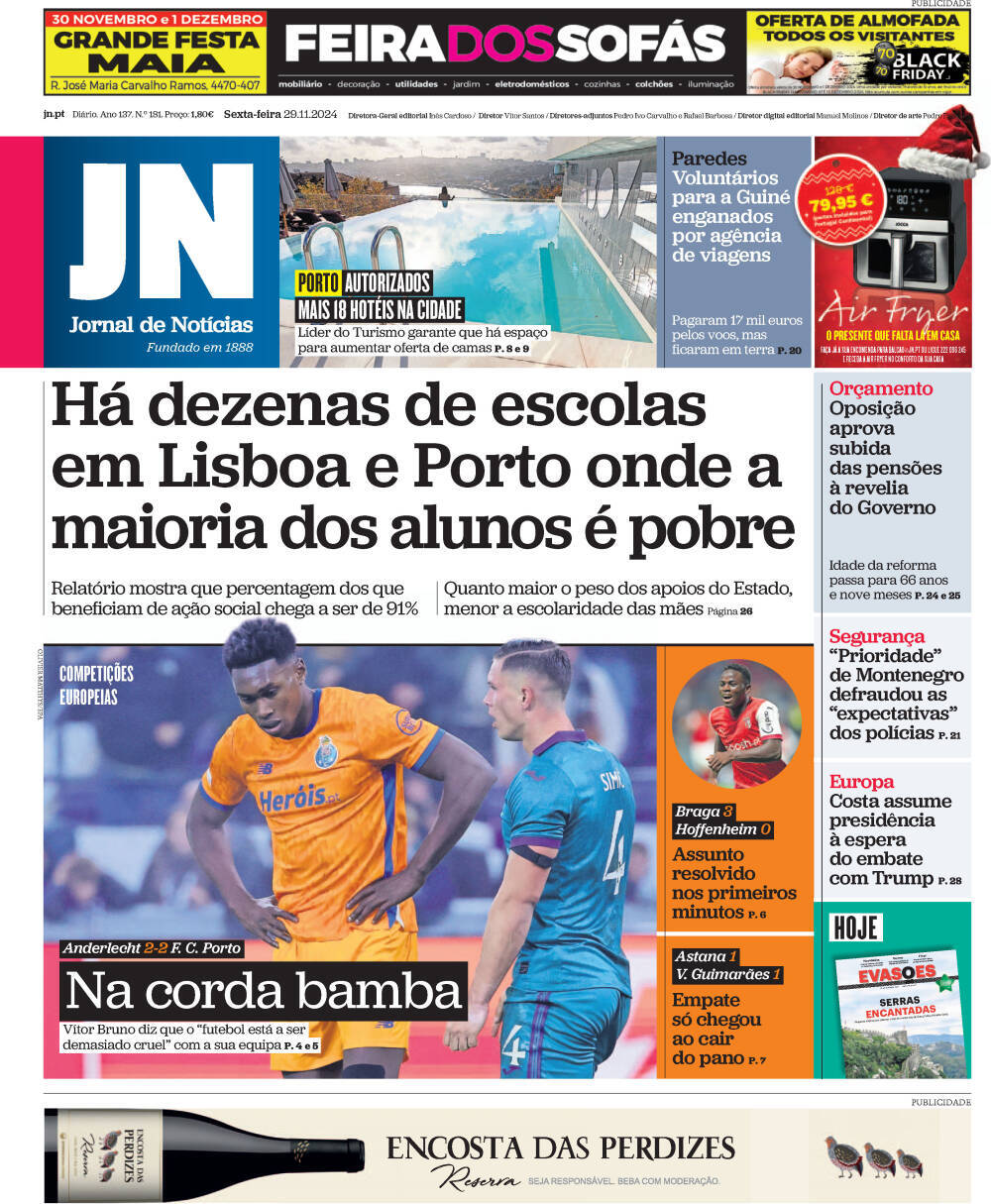 Jornal de Not&iacute;cias: Capa da Edi&ccedil;&atilde;o de sexta-feira, 29 de novembro 2024