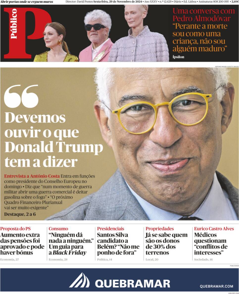 P&uacute;blico: Capa da Edi&ccedil;&atilde;o de sexta-feira, 29 de novembro 2024