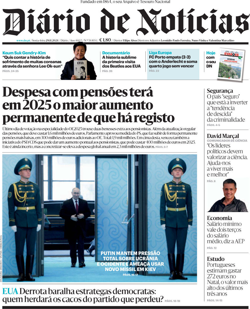 Di&aacute;rio de Not&iacute;cias: Capa da Edi&ccedil;&atilde;o de sexta-feira, 29 de novembro 2024