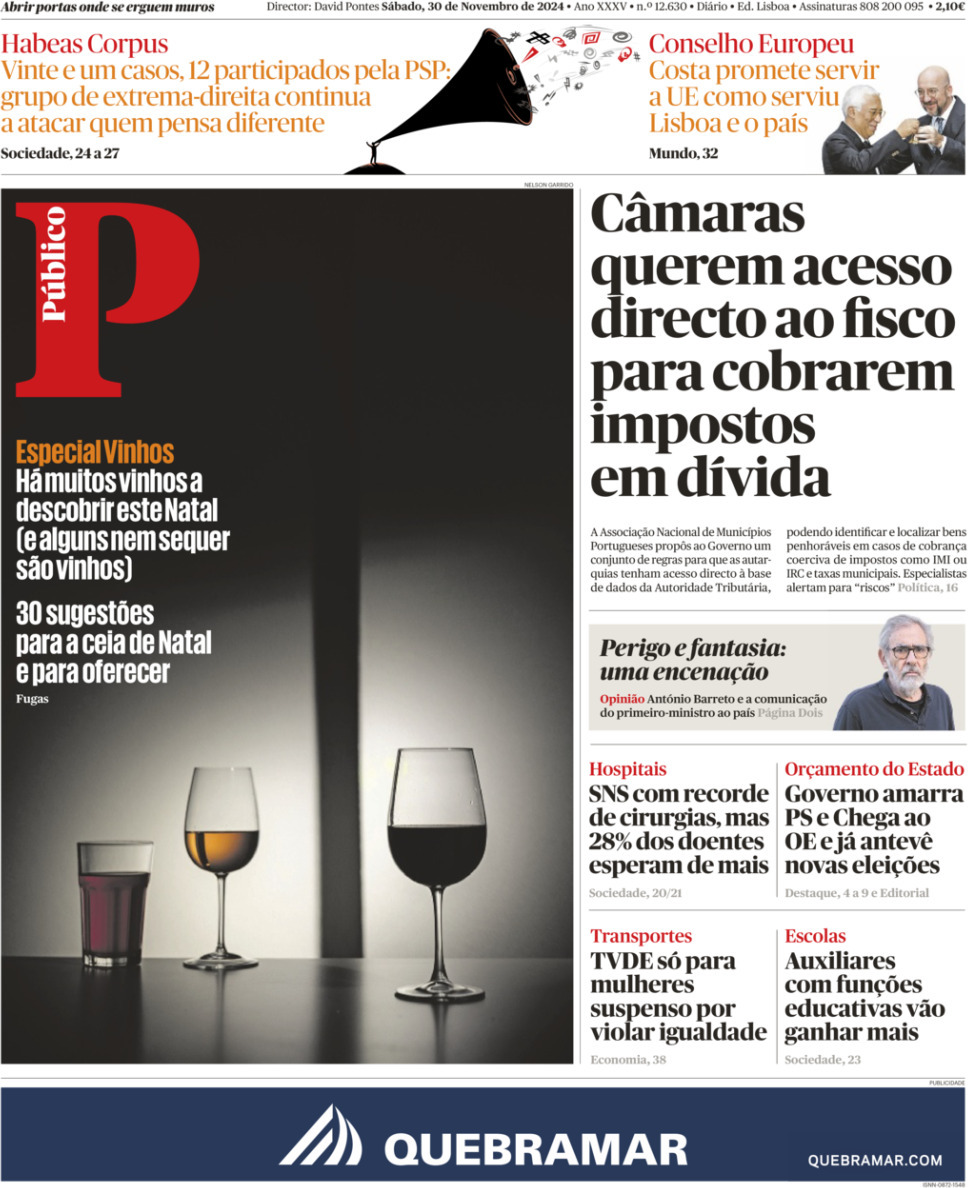 P&uacute;blico: Capa da Edi&ccedil;&atilde;o de s&aacute;bado, 30 de novembro 2024