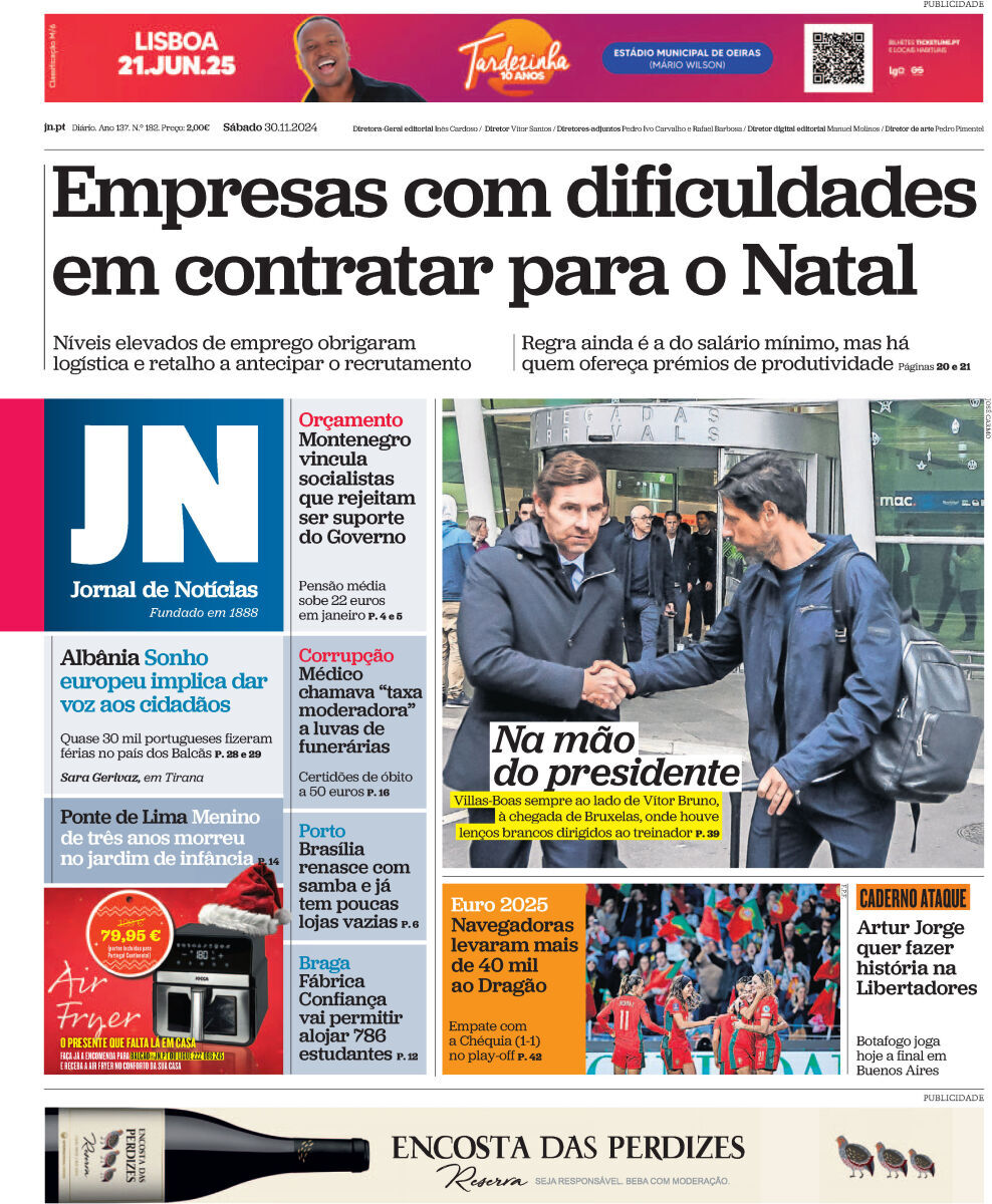 Jornal de Not&iacute;cias: Capa da Edi&ccedil;&atilde;o de s&aacute;bado, 30 de novembro 2024