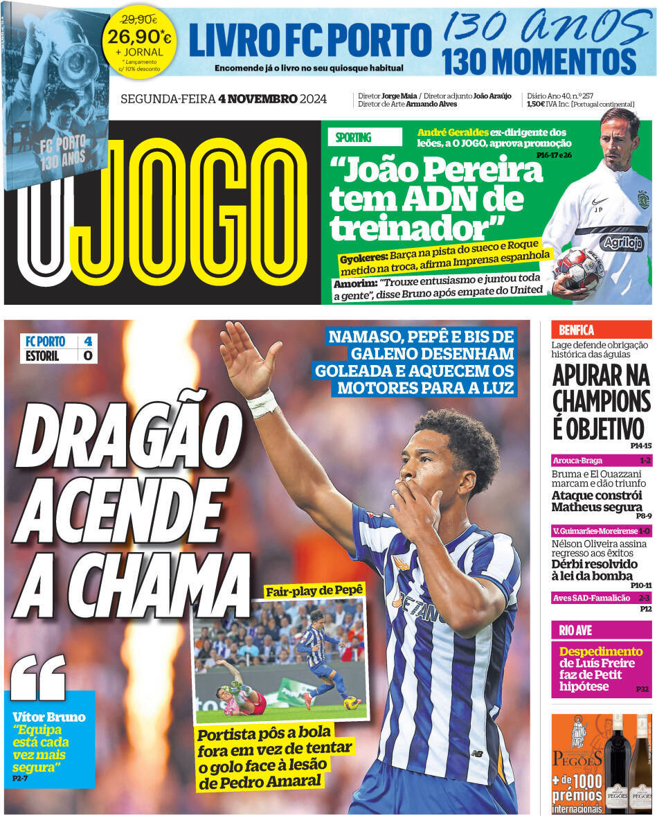 O Jogo: Capa da Edi&ccedil;&atilde;o de segunda-feira, 04 de novembro 2024