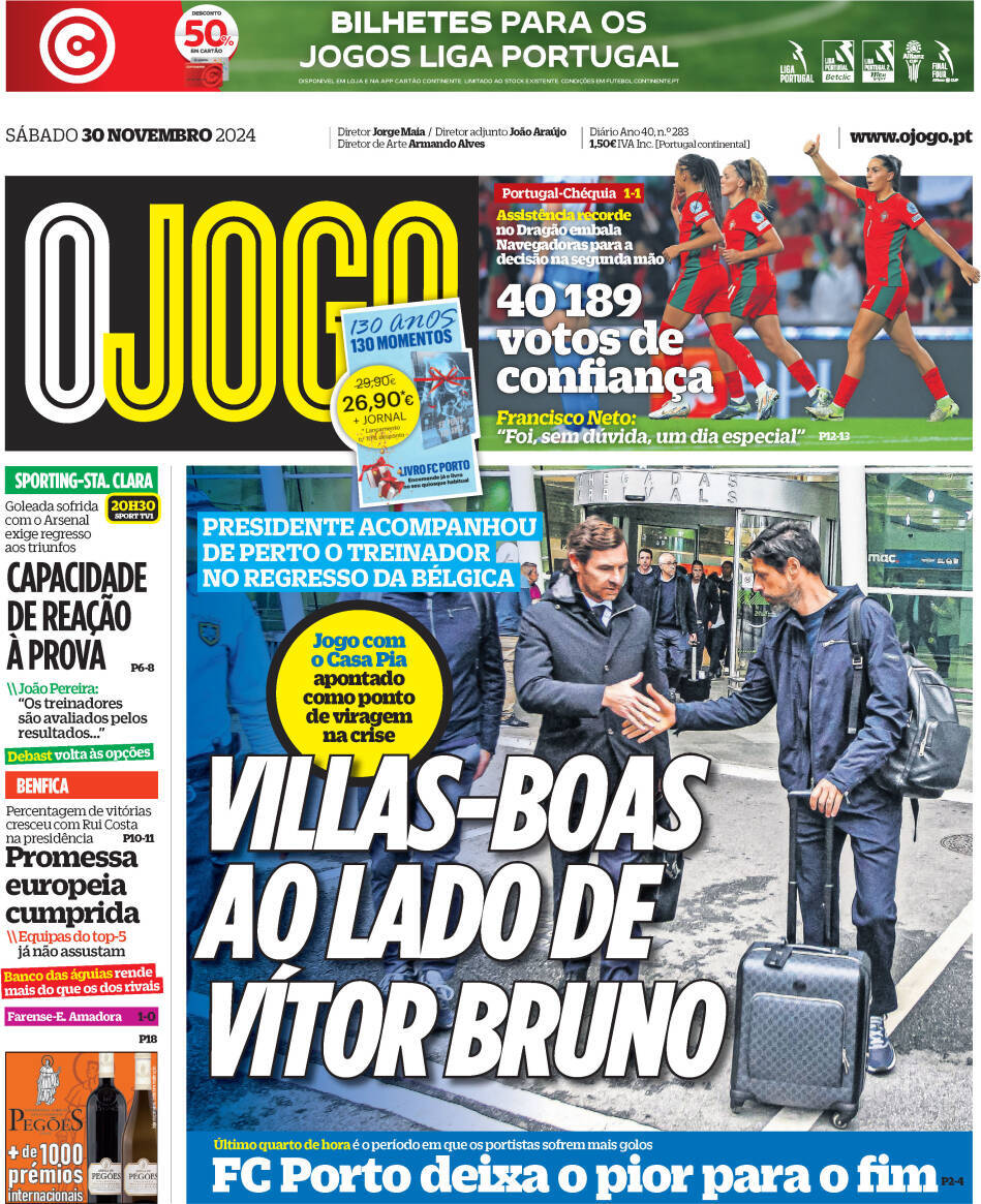 O Jogo: Capa da Edi&ccedil;&atilde;o de s&aacute;bado, 30 de novembro 2024
