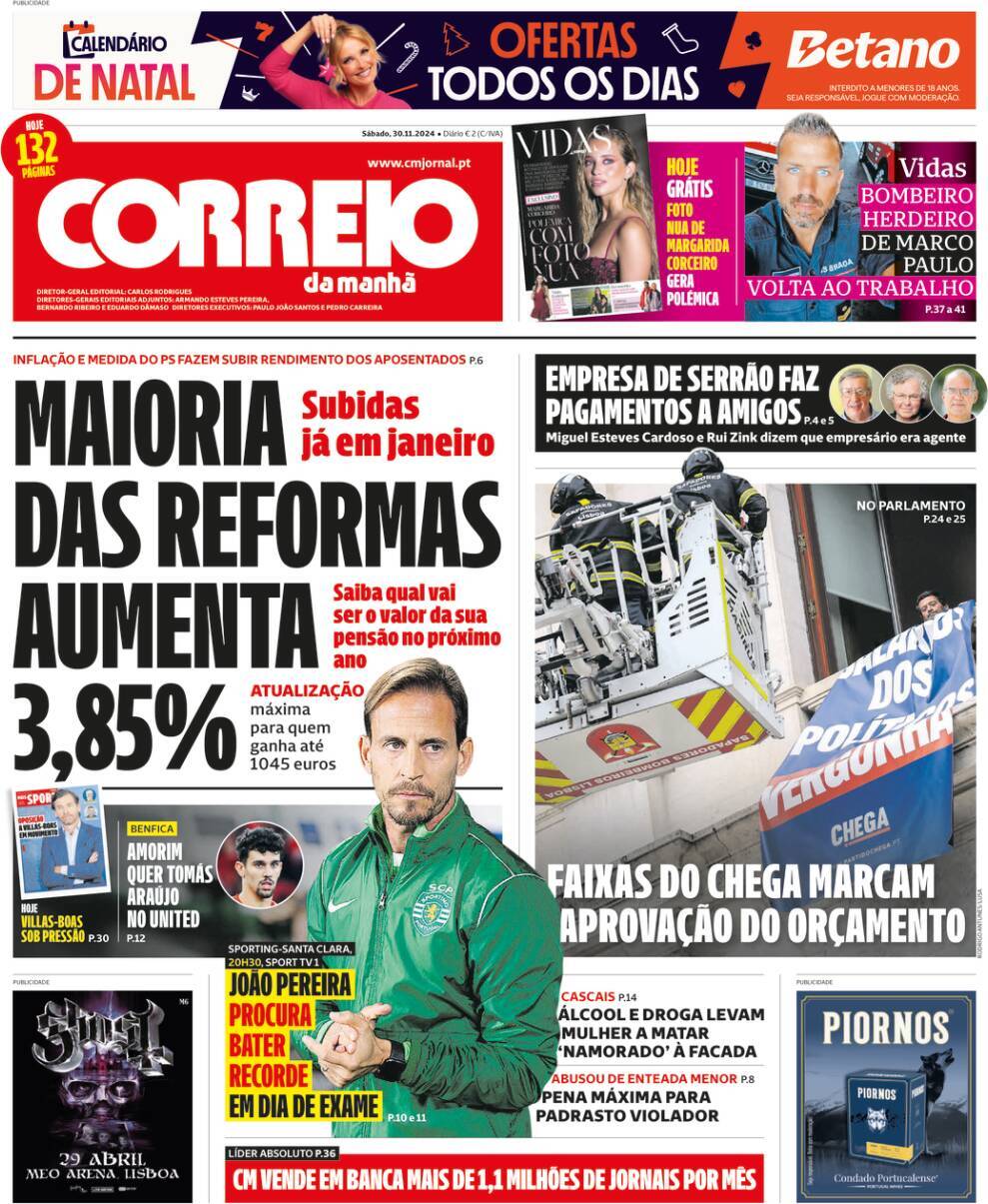 Correio da Manh&atilde;: Capa da Edi&ccedil;&atilde;o de s&aacute;bado, 30 de novembro 2024