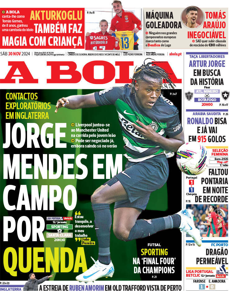 A Bola: Capa da Edi&ccedil;&atilde;o de s&aacute;bado, 30 de novembro 2024