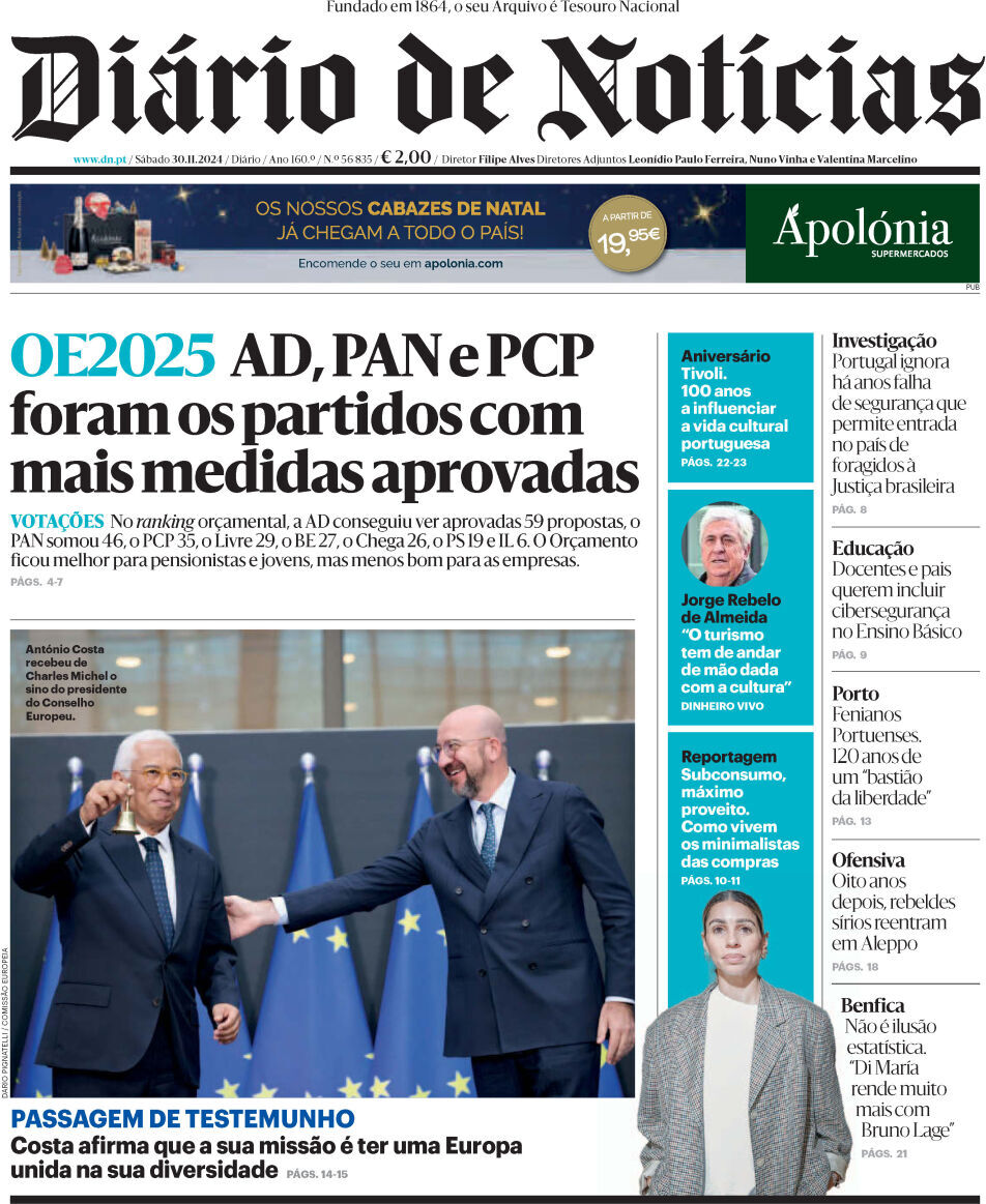Di&aacute;rio de Not&iacute;cias: Capa da Edi&ccedil;&atilde;o de s&aacute;bado, 30 de novembro 2024