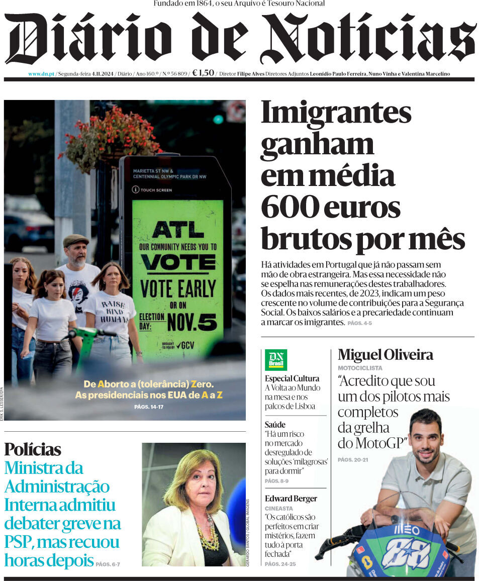 Di&aacute;rio de Not&iacute;cias: Capa da Edi&ccedil;&atilde;o de segunda-feira, 04 de novembro 2024