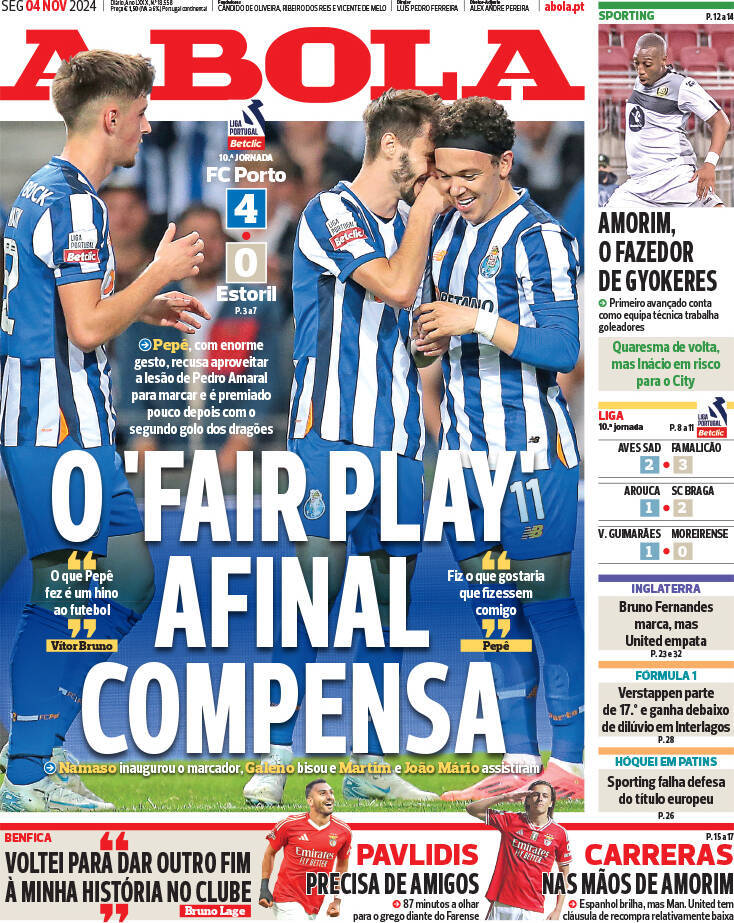 A Bola: Capa da Edi&ccedil;&atilde;o de segunda-feira, 04 de novembro 2024