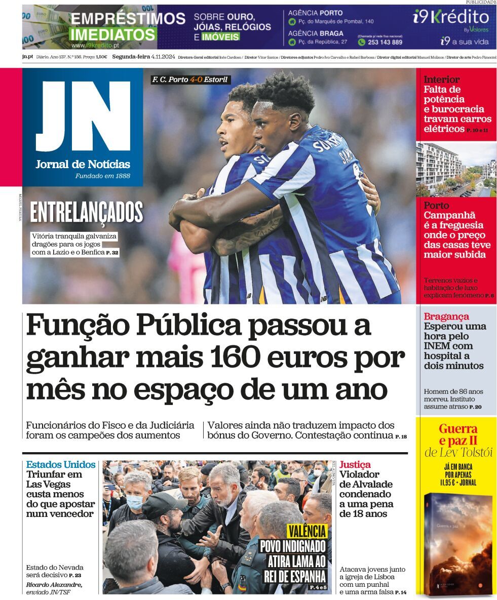 Jornal de Not&iacute;cias: Capa da Edi&ccedil;&atilde;o de segunda-feira, 04 de novembro 2024
