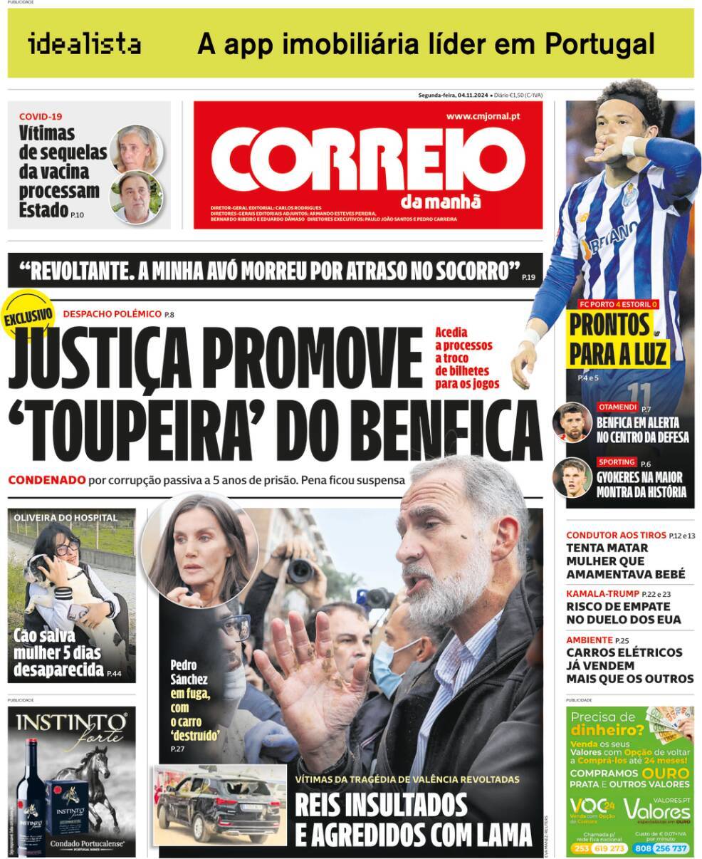 Correio da Manh&atilde;: Capa da Edi&ccedil;&atilde;o de segunda-feira, 04 de novembro 2024