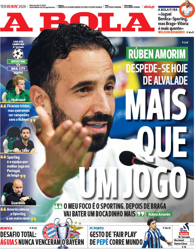 A Bola: Capa da Edi&ccedil;&atilde;o de ter&ccedil;a-feira, 05 de novembro 2024