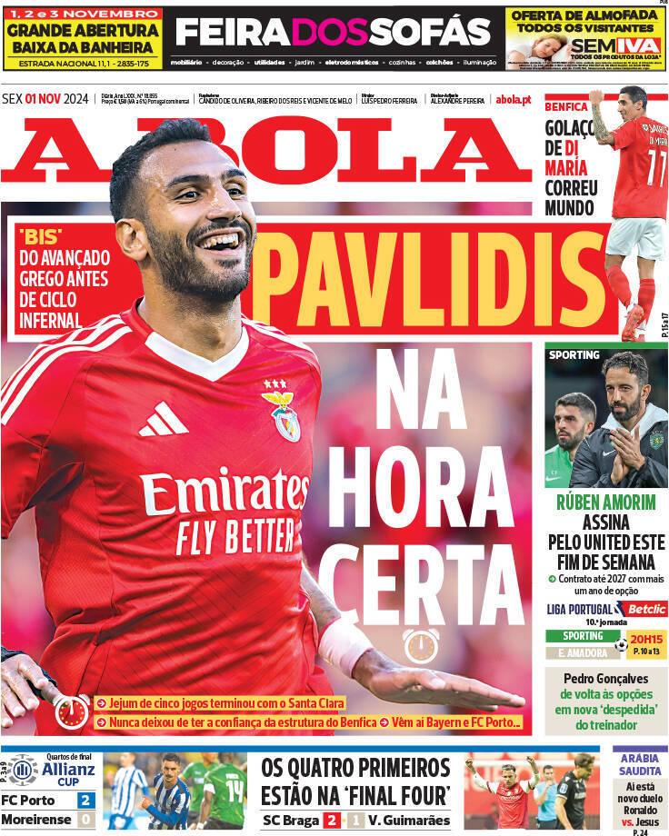 A Bola: Capa da Edi&ccedil;&atilde;o de sexta-feira, 01 de novembro 2024