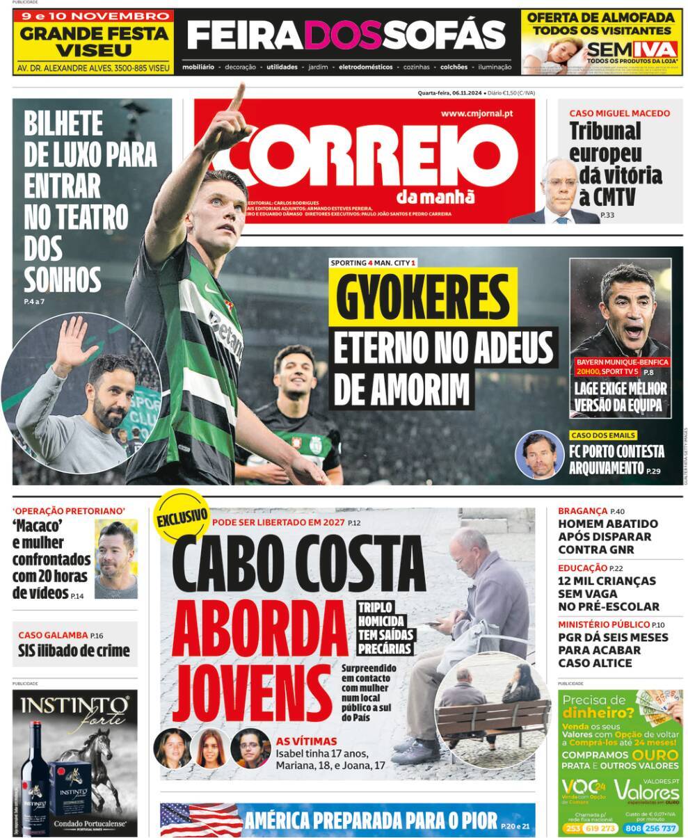 Correio da Manh&atilde;: Capa da Edi&ccedil;&atilde;o de quarta-feira, 06 de novembro 2024