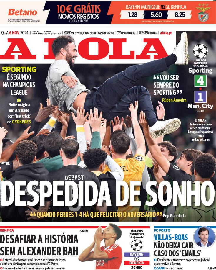 A Bola: Capa da Edi&ccedil;&atilde;o de quarta-feira, 06 de novembro 2024