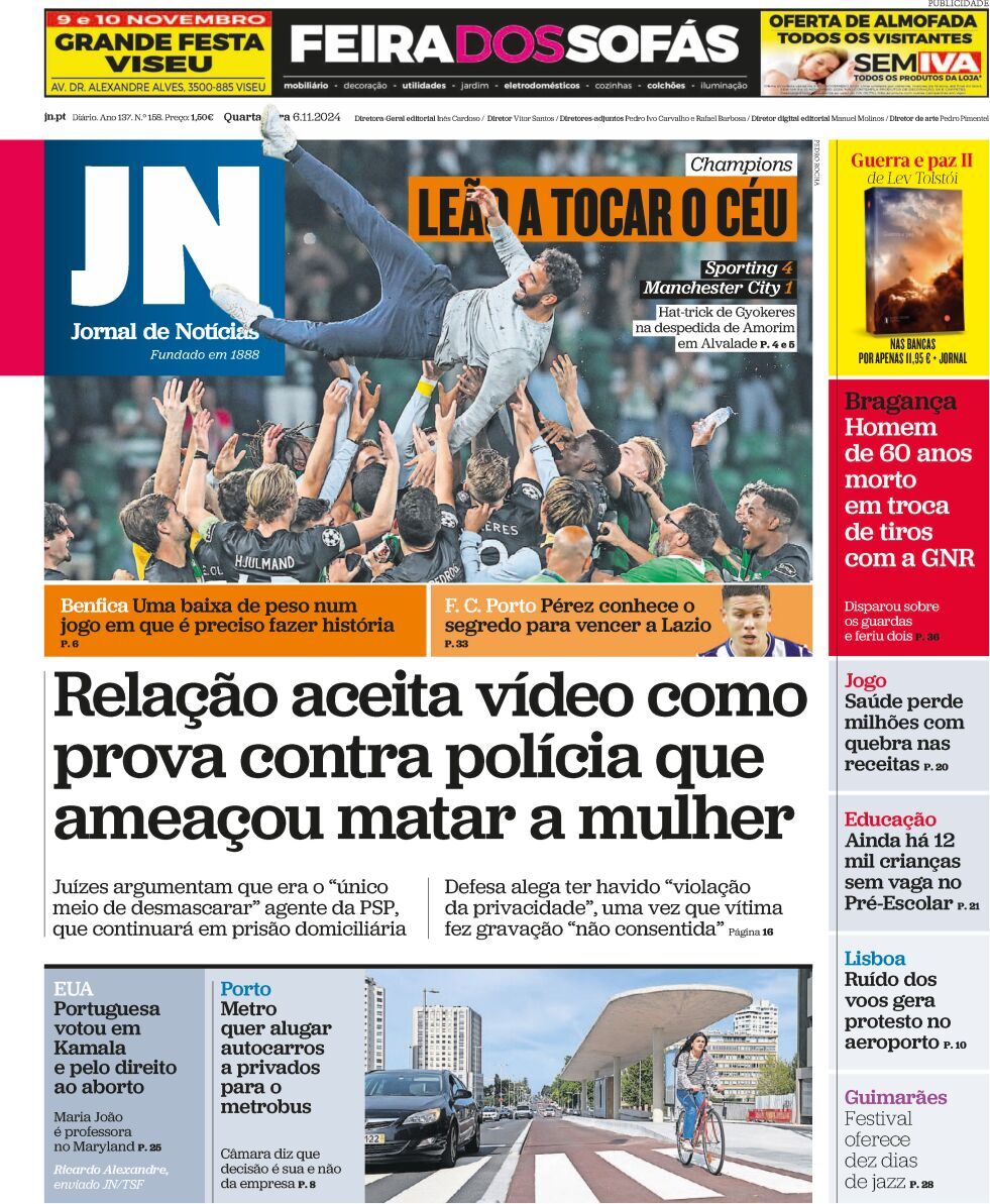 Jornal de Not&iacute;cias: Capa da Edi&ccedil;&atilde;o de quarta-feira, 06 de novembro 2024