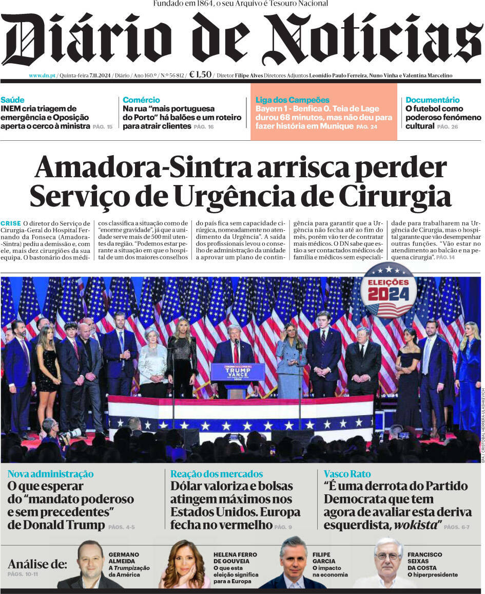 Di&aacute;rio de Not&iacute;cias: Capa da Edi&ccedil;&atilde;o de quinta-feira, 07 de novembro 2024