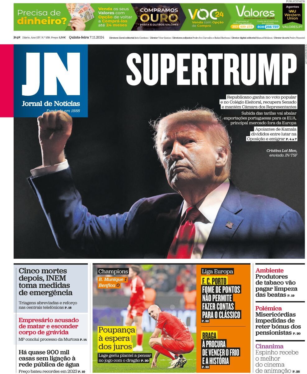 Jornal de Not&iacute;cias: Capa da Edi&ccedil;&atilde;o de quinta-feira, 07 de novembro 2024