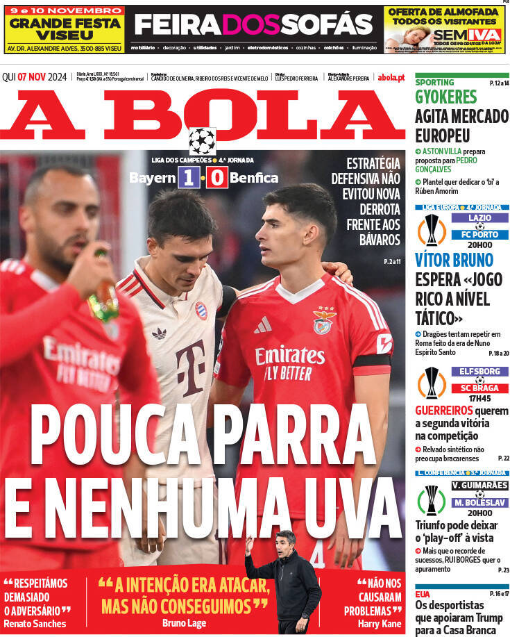 A Bola: Capa da Edi&ccedil;&atilde;o de quinta-feira, 07 de novembro 2024