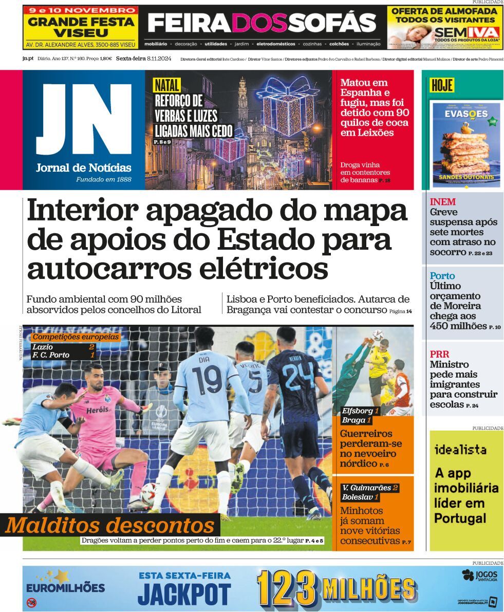 Jornal de Not&iacute;cias: Capa da Edi&ccedil;&atilde;o de sexta-feira, 08 de novembro 2024