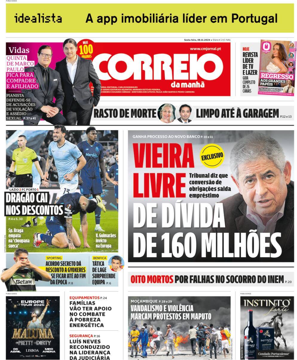 Correio da Manh&atilde;: Capa da Edi&ccedil;&atilde;o de sexta-feira, 08 de novembro 2024