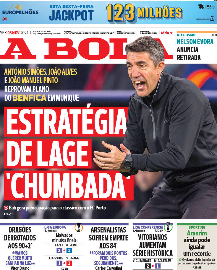 A Bola: Capa da Edi&ccedil;&atilde;o de sexta-feira, 08 de novembro 2024