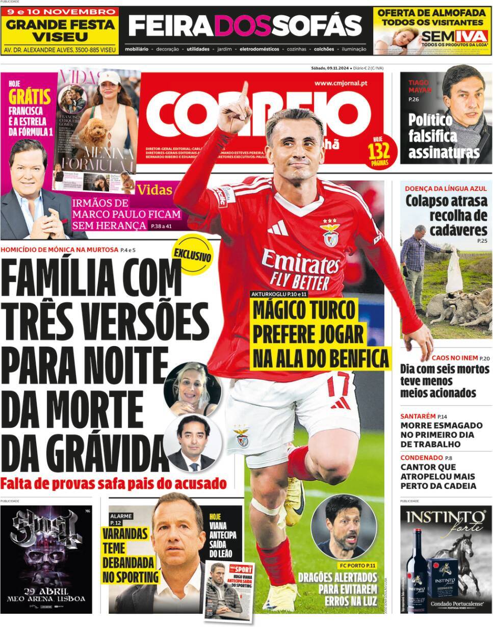 Correio da Manh&atilde;: Capa da Edi&ccedil;&atilde;o de s&aacute;bado, 09 de novembro 2024