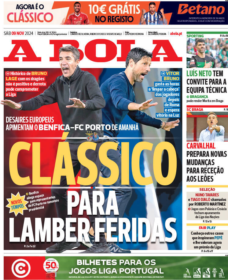 A Bola: Capa da Edi&ccedil;&atilde;o de s&aacute;bado, 09 de novembro 2024