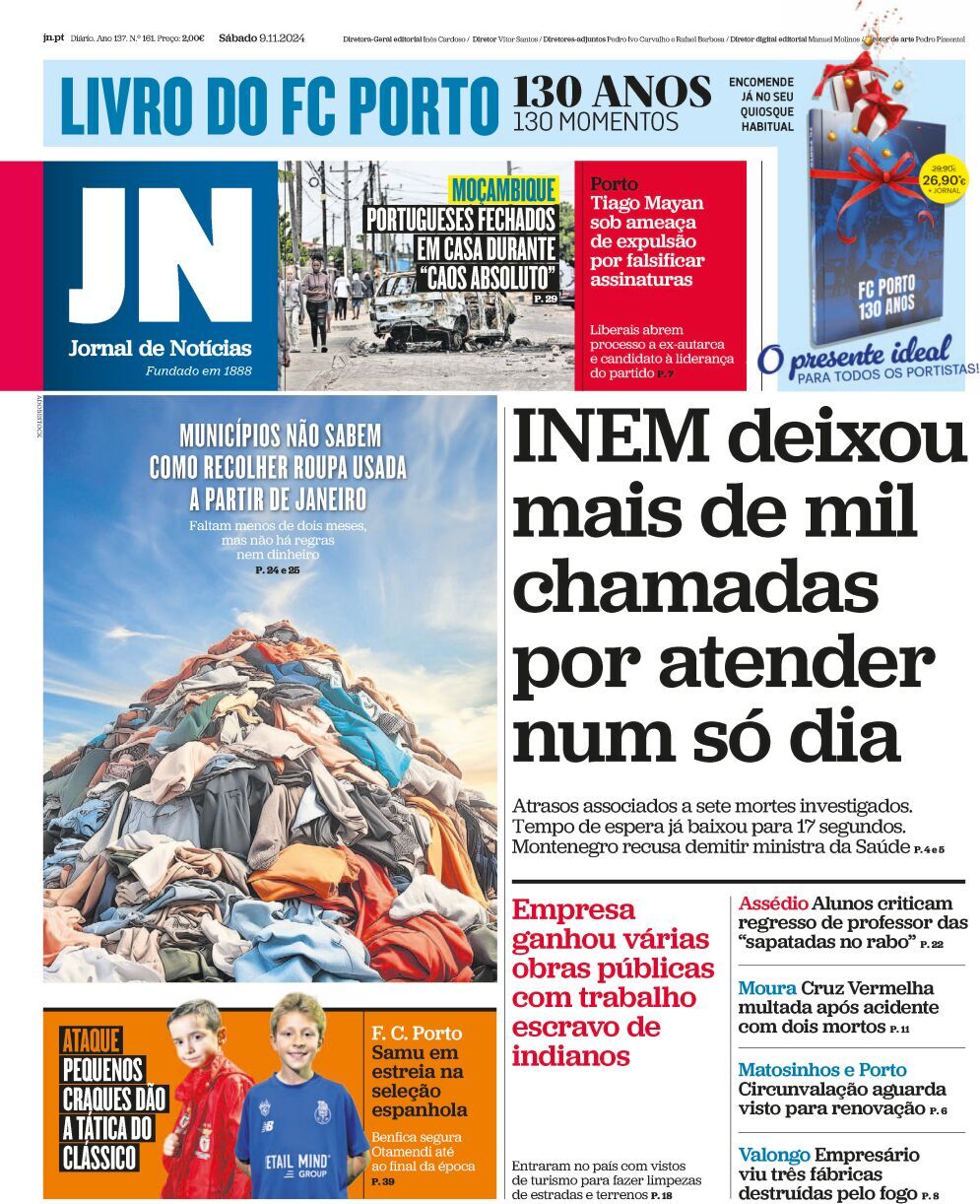 Jornal de Not&iacute;cias: Capa da Edi&ccedil;&atilde;o de s&aacute;bado, 09 de novembro 2024