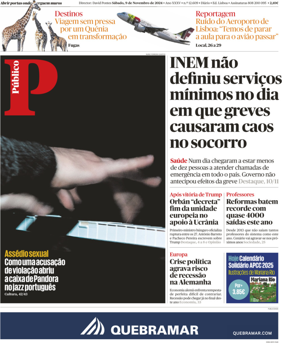 P&uacute;blico: Capa da Edi&ccedil;&atilde;o de s&aacute;bado, 09 de novembro 2024