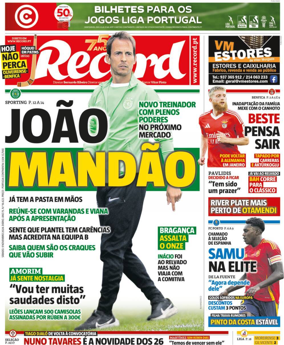 Record: Capa da Edi&ccedil;&atilde;o de s&aacute;bado, 09 de novembro 2024