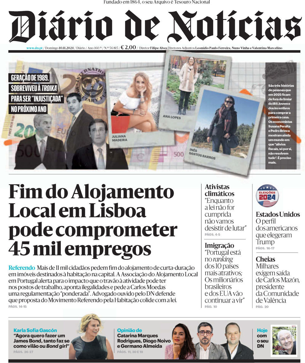 Di&aacute;rio de Not&iacute;cias: Capa da Edi&ccedil;&atilde;o de domingo, 10 de novembro 2024