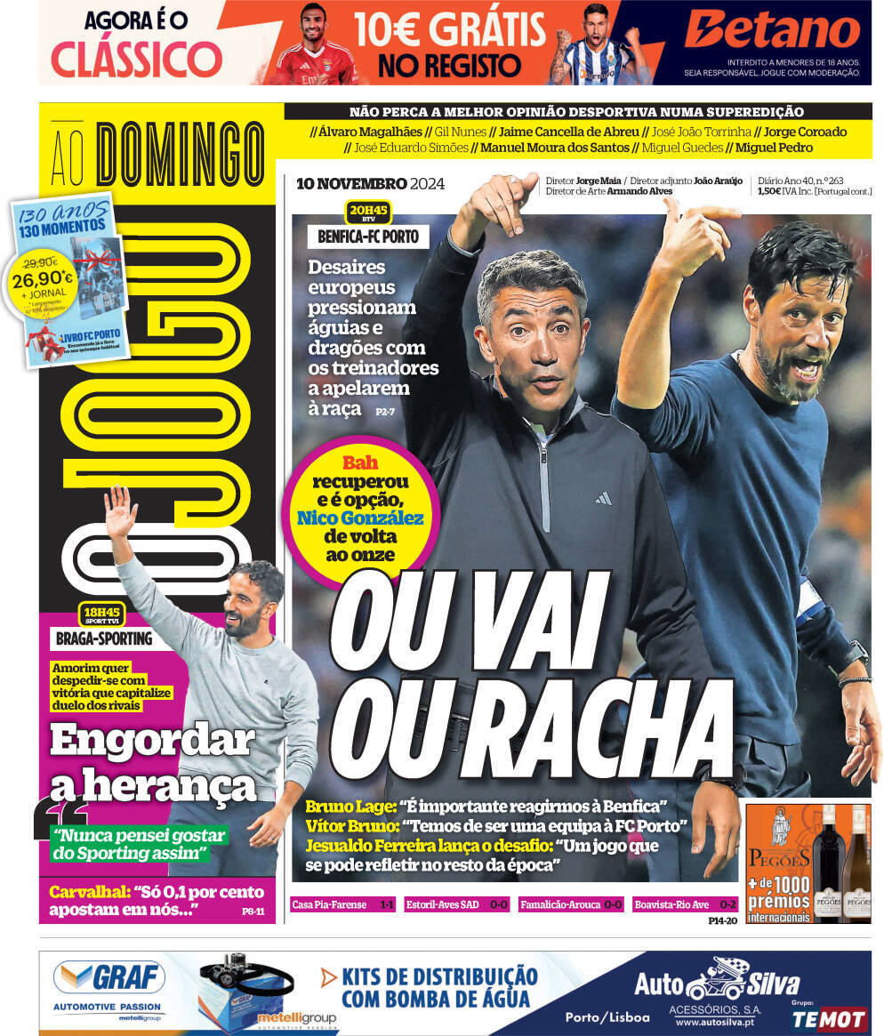 O Jogo: Capa da Edi&ccedil;&atilde;o de domingo, 10 de novembro 2024