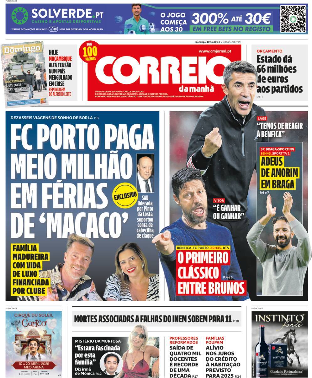 Correio da Manh&atilde;: Capa da Edi&ccedil;&atilde;o de domingo, 10 de novembro 2024
