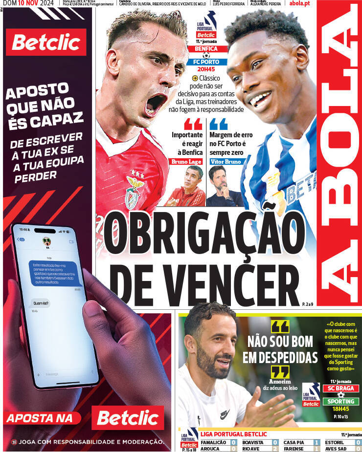 A Bola: Capa da Edi&ccedil;&atilde;o de domingo, 10 de novembro 2024