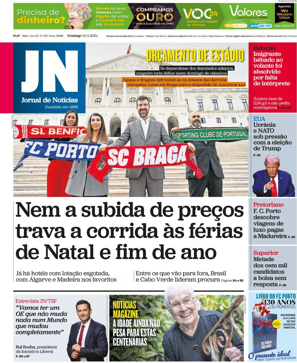 Jornal de Not&iacute;cias: Capa da Edi&ccedil;&atilde;o de domingo, 10 de novembro 2024