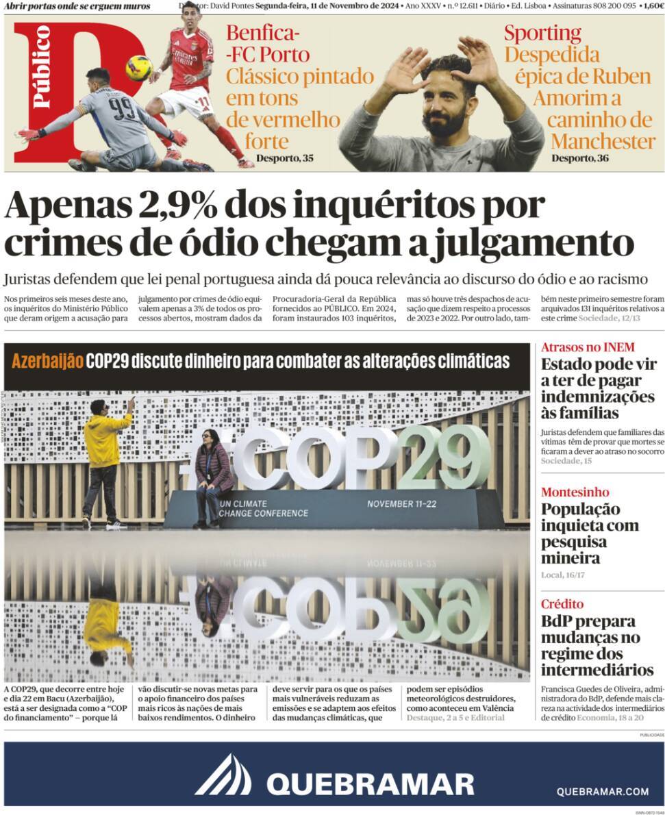 P&uacute;blico: Capa da Edi&ccedil;&atilde;o de segunda-feira, 11 de novembro 2024