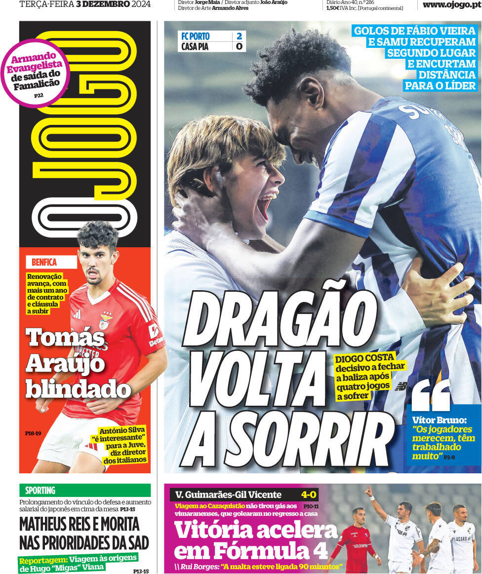 O Jogo: Capa da Edi&ccedil;&atilde;o de ter&ccedil;a-feira, 03 de dezembro 2024