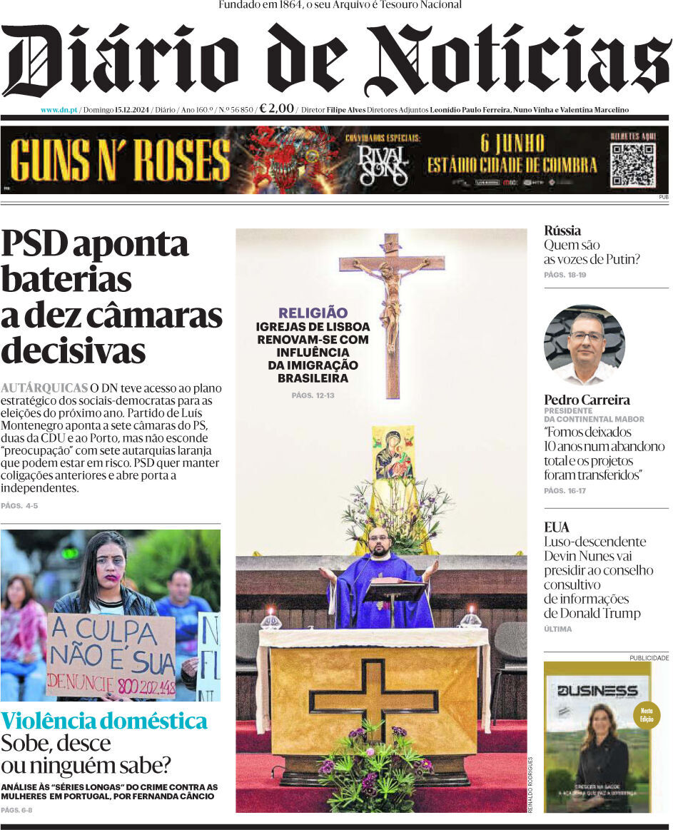 Di&aacute;rio de Not&iacute;cias: Capa da Edi&ccedil;&atilde;o de domingo, 15 de dezembro 2024