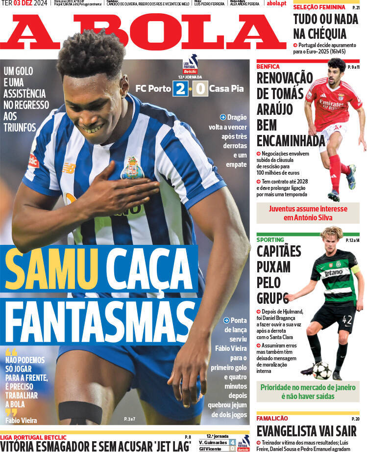 A Bola: Capa da Edi&ccedil;&atilde;o de ter&ccedil;a-feira, 03 de dezembro 2024