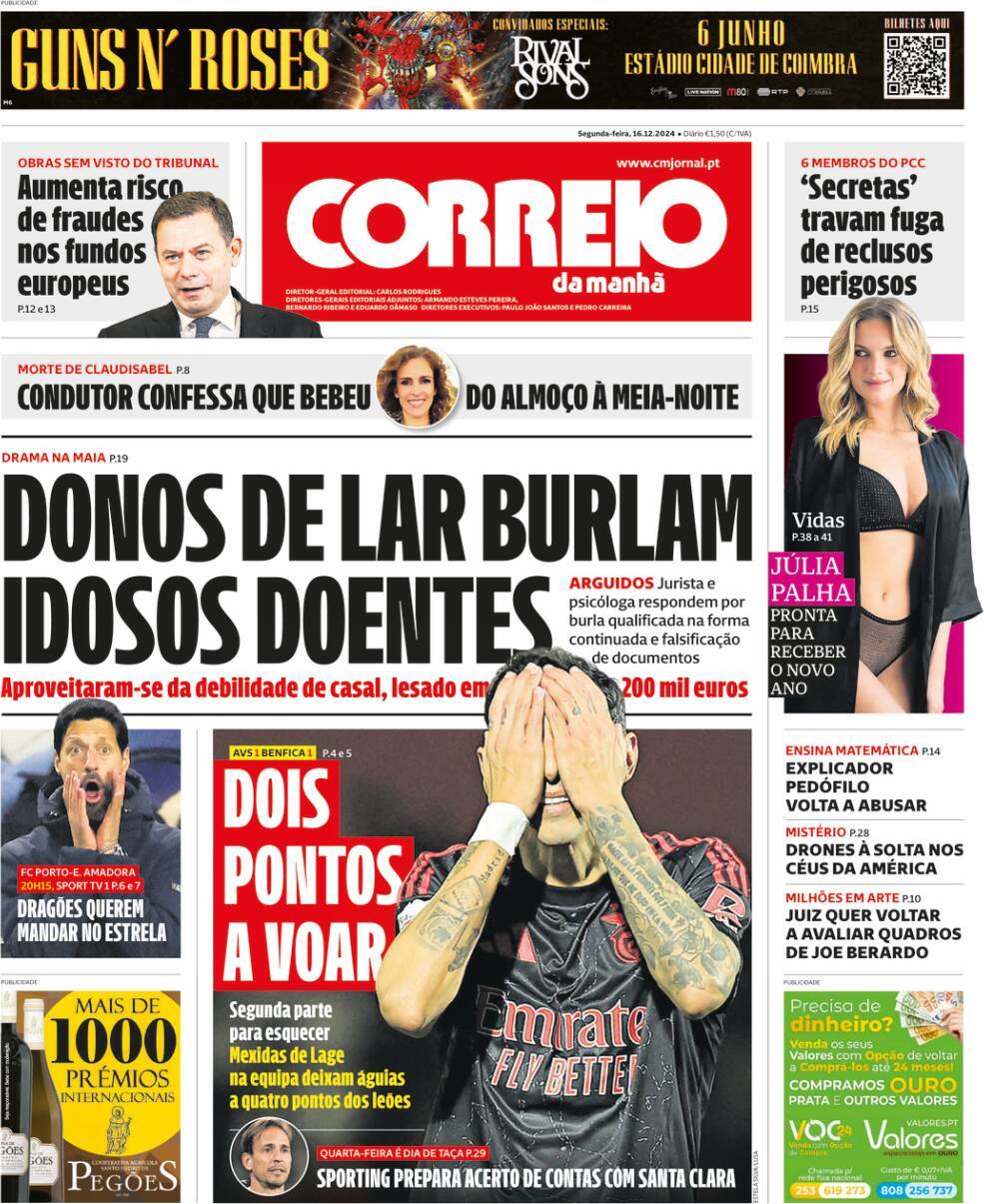 Correio da Manh&atilde;: Capa da Edi&ccedil;&atilde;o de segunda-feira, 16 de dezembro 2024